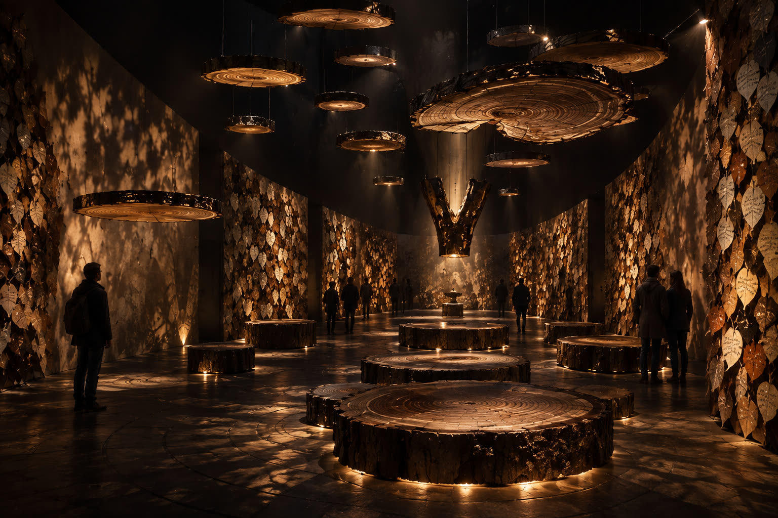 Interior concept: hanging timber discs lit from below