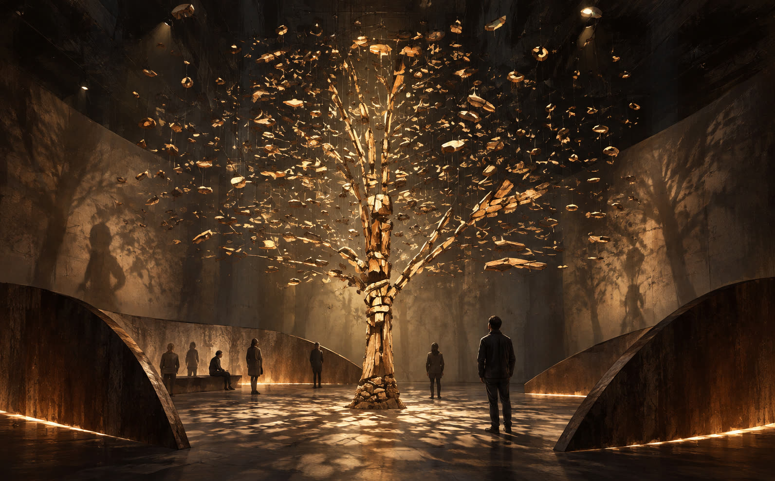 Interior concept: the tree rebuilt in suspended fragments above curved walls