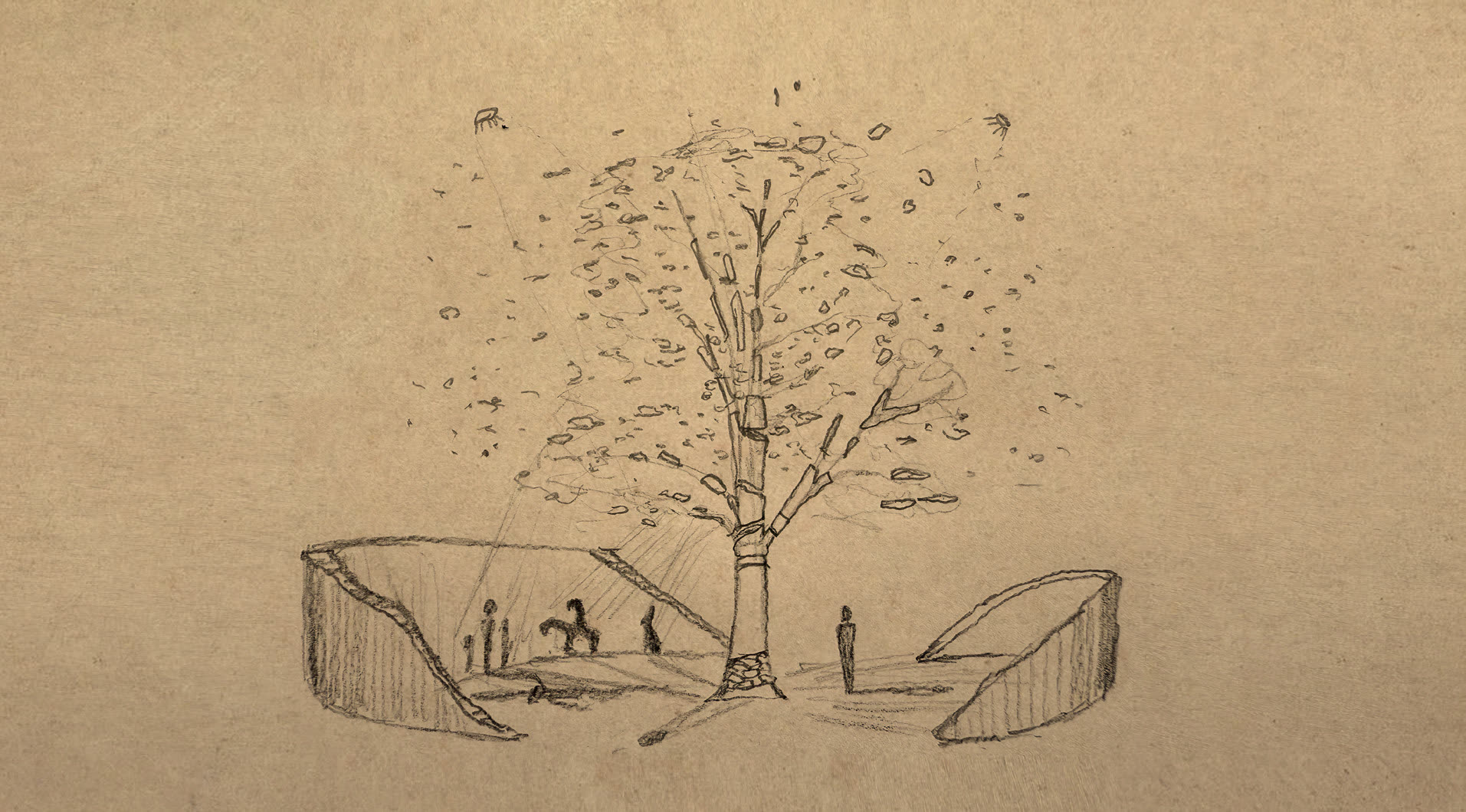 Pencil sketch of the tree sculpture between two curved walls